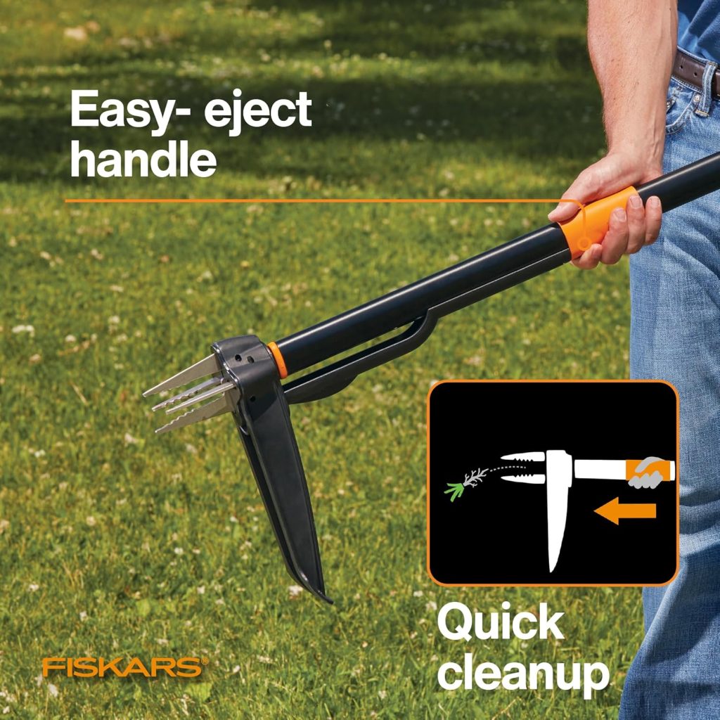 Fiskars 4-Claw Stand Up Weed Puller Tool, Gardening Hand Weeding Tool with 39 Long Ergonomic Handle with Easy-Eject Mechanism