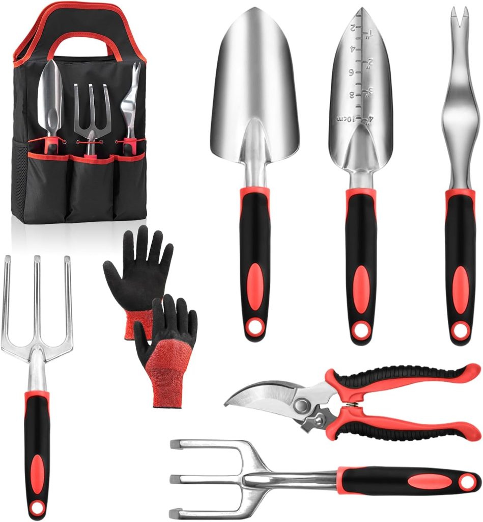 Garden Tool Set with Non Slip Rubber Grip,8 Piece Stainless Steel Gardening Tool Sets,Heavy Duty Outdoor Hand Tools Durable Storage Tote Bag,Uprooting Weeding Tool, Gifts for Women Men(Red) Garden Tool Set with Non Slip Rubber Grip,8 Piece Stainless Steel Gardening Tool Sets,Heavy Duty Outdoor Hand Tools Durable Storage Tote Bag,Uprooting Weeding Tool, Gifts for Women Men(Red)