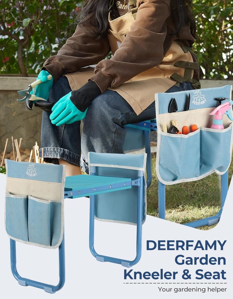 DEERFAMY Garden Stool 10.2 Width, Garden Kneeler and Seat Load Cap 350 lbs, Heavy Duty Gardening Stool with Extra Kneeling Pad, 2 Tool Pouches, Claw Gloves, Gift for Women Seniors, Green DEERFAMY Garden Stool 10.2 Width, Garden Kneeler and Seat Load Cap 350 lbs, Heavy Duty Gardening Stool with Extra Kneeling Pad, 2 Tool Pouches, Claw Gloves, Gift for Women Seniors, Green