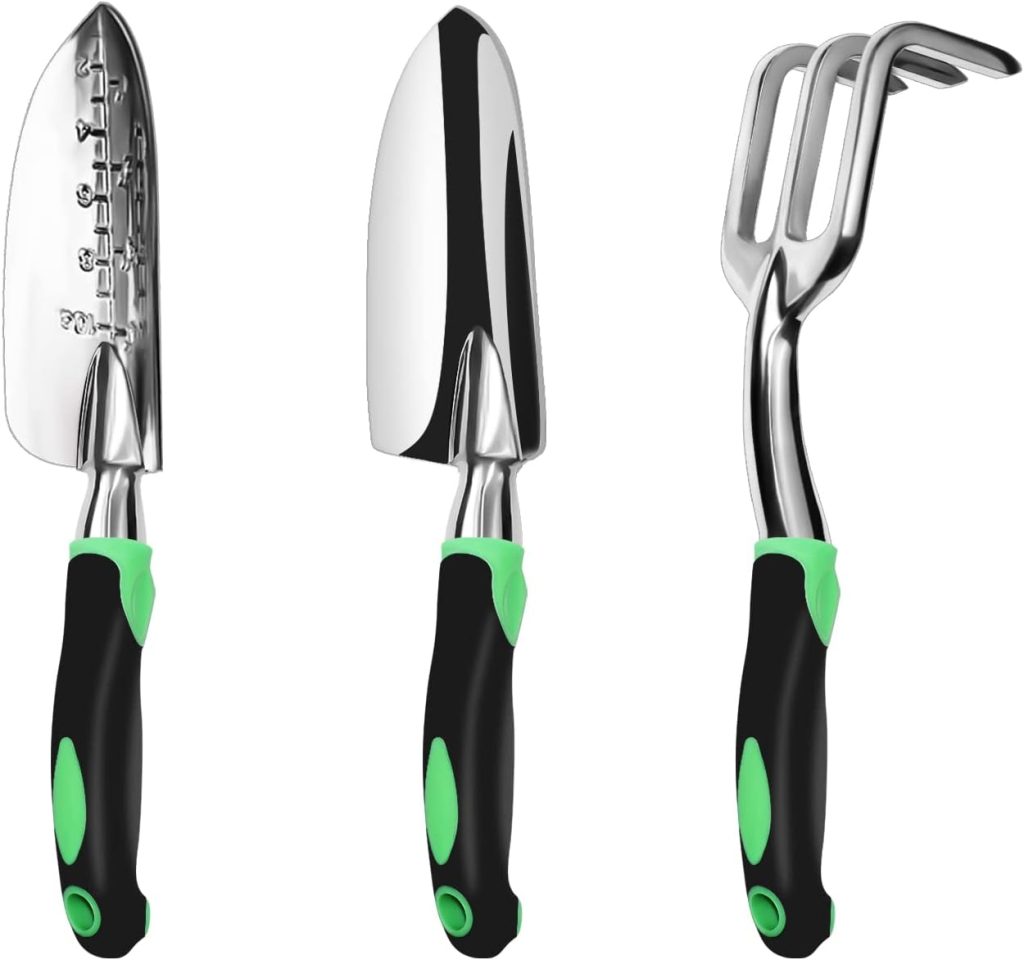 Garden Tool Set, 3 Pack Aluminum Heavy Duty Gardening Kit Includes Hand Trowel, Transplant Trowel and Cultivator Hand Rake with Soft Rubberized Non-Slip Ergonomic Handle, Garden Gifts Garden Tool Set, 3 Pack Aluminum Heavy Duty Gardening Kit Includes Hand Trowel, Transplant Trowel and Cultivator Hand Rake with Soft Rubberized Non-Slip Ergonomic Handle, Garden Gifts