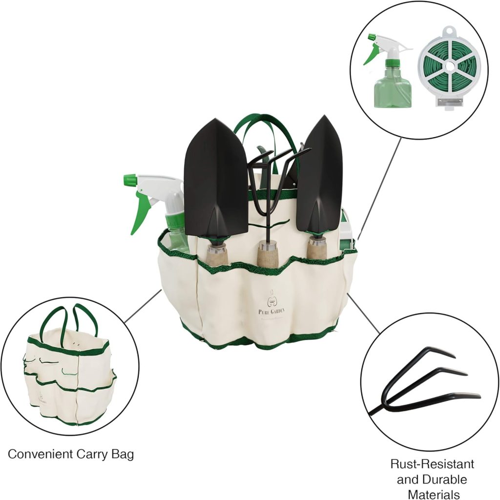 Pure Garden 7 Piece Gardening Tool Set – Mini Planting and Repotting Kit and Carrying Tote Bag Organizer for Succulents, Herbs, and Bonsai Plants