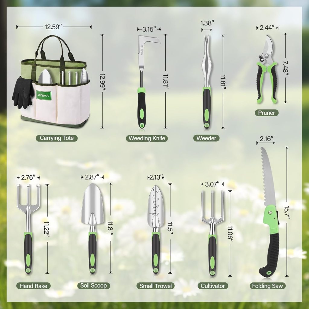 sungwoo Garden Tool Set 10 Piece, Heavy Duty and Lightweight Aluminium Alloy Tools with Ergonomic Handle, Sturdy Storage Tote Bag, Gardening Hand Tools, Gardening Gift for Women and Men Green sungwoo Garden Tool Set 10 Piece, Heavy Duty and Lightweight Aluminium Alloy Tools with Ergonomic Handle, Sturdy Storage Tote Bag, Gardening Hand Tools, Gardening Gift for Women and Men Green