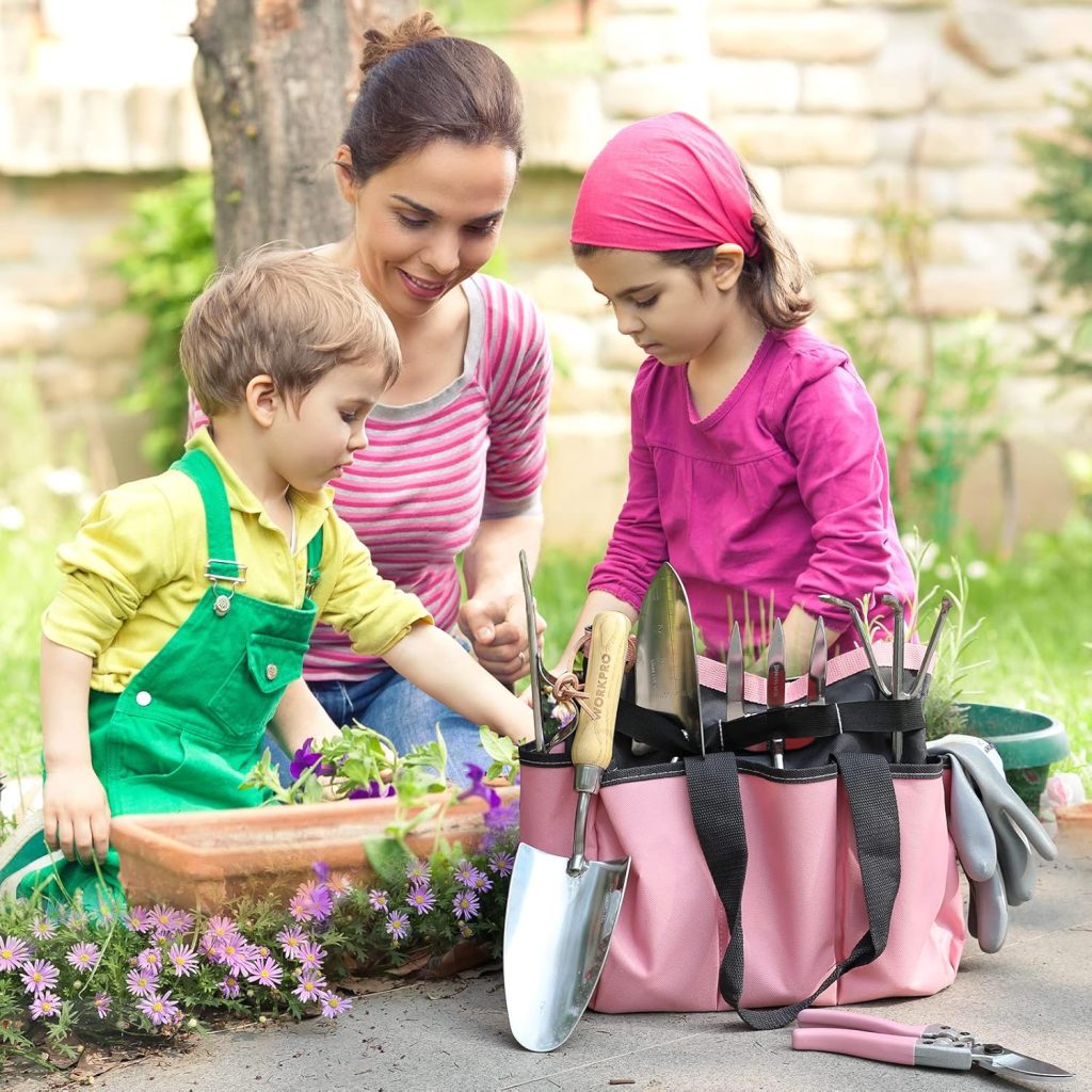WORKPRO Garden Tools Set, 8 Piece, Stainless Steel Heavy Duty Gardening Tools with Wooden Handle, Including Garden Tote, Gloves, Trowel, Hand Weeder, Cultivator and More-Gardening Gifts For Women Men WORKPRO Garden Tools Set, 8 Piece, Stainless Steel Heavy Duty Gardening Tools with Wooden Handle, Including Garden Tote, Gloves, Trowel, Hand Weeder, Cultivator and More-Gardening Gifts For Women Men