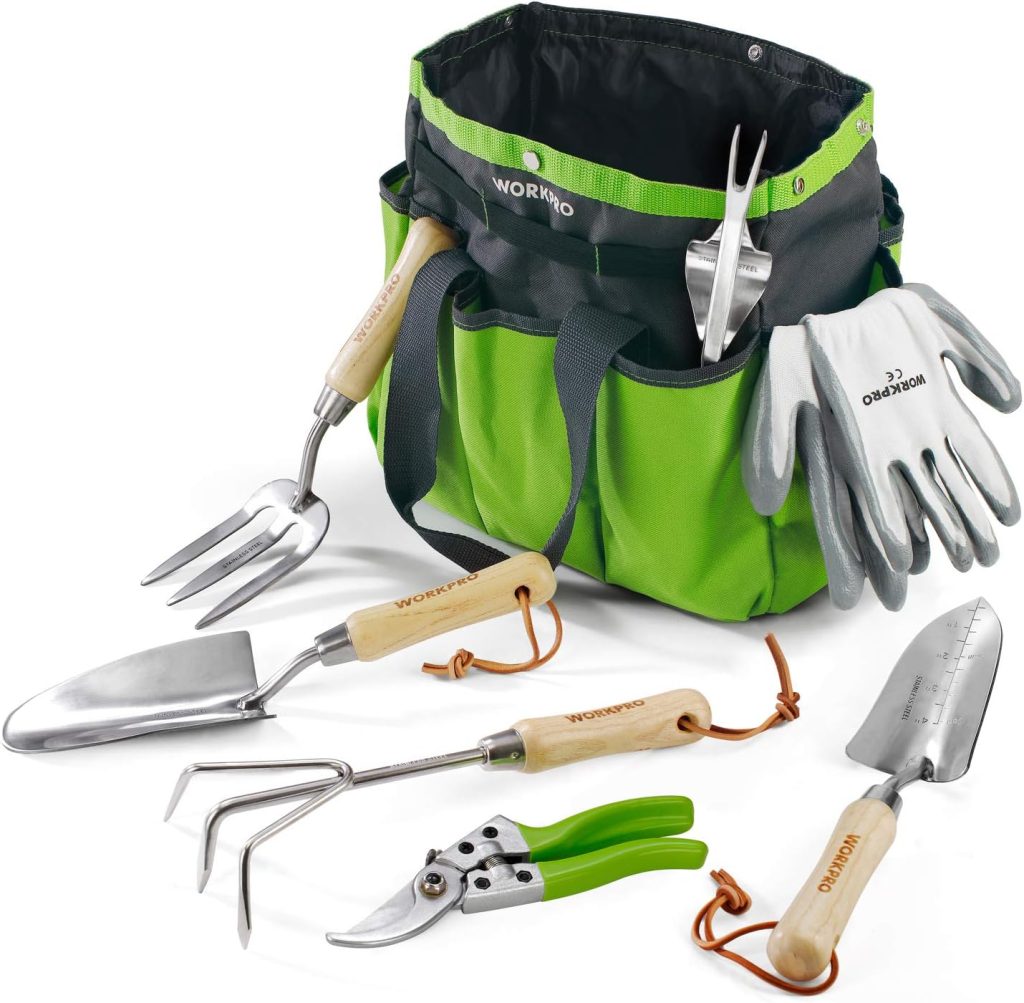 WORKPRO Garden Tools Set, 8 Piece, Stainless Steel Heavy Duty Gardening Tools with Wooden Handle, Including Garden Tote, Gloves, Trowel, Hand Weeder, Cultivator and More-Gardening Gifts For Women Men WORKPRO Garden Tools Set, 8 Piece, Stainless Steel Heavy Duty Gardening Tools with Wooden Handle, Including Garden Tote, Gloves, Trowel, Hand Weeder, Cultivator and More-Gardening Gifts For Women Men