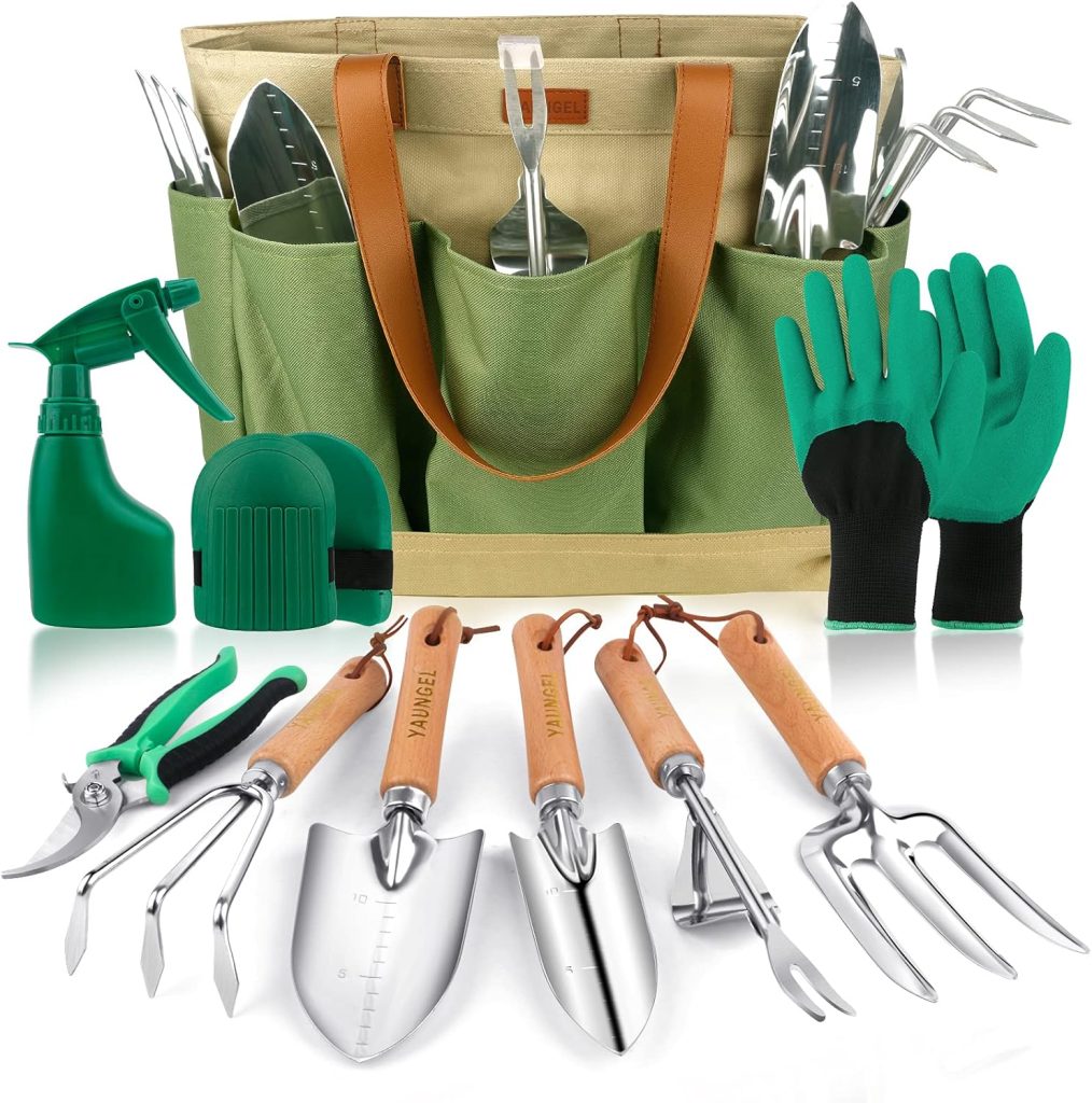 YAUNGEL Gardening Tools - 10 Pcs Garden Tool Set Heavy Duty Stainless Steel Garden Supplies Hand Tools with Wooden Handle, Storage Tote Bag, Gardening Gifts for Women and Men YAUNGEL Gardening Tools - 10 Pcs Garden Tool Set Heavy Duty Stainless Steel Garden Supplies Hand Tools with Wooden Handle, Storage Tote Bag, Gardening Gifts for Women and Men